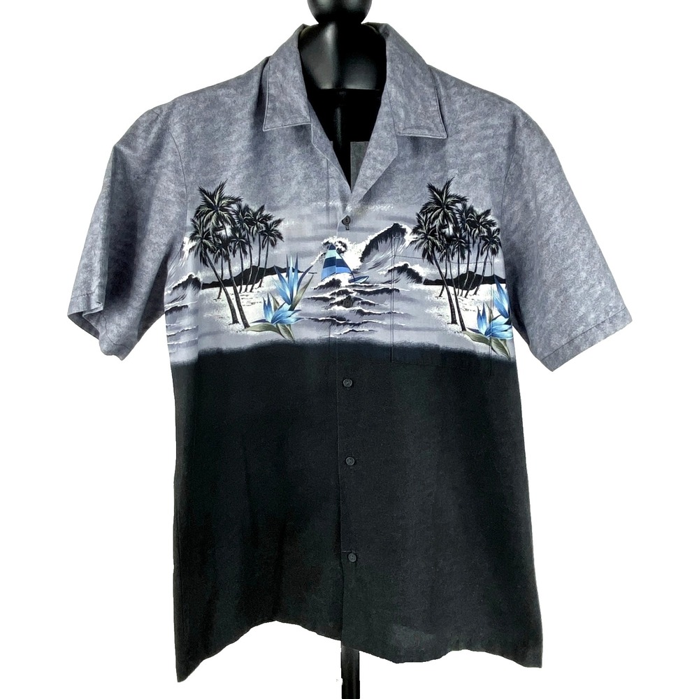 Hawaii Blues Short Sleeve Shirt Men's M Hawaiian Style Blue Gray Cotton Sailing